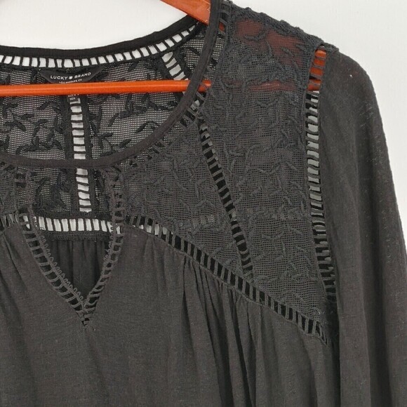 Lucky Brand Top Women Small Black Peasant Lace Crochet Linen-Modal Blouse Flowy - Picture 5 of 13